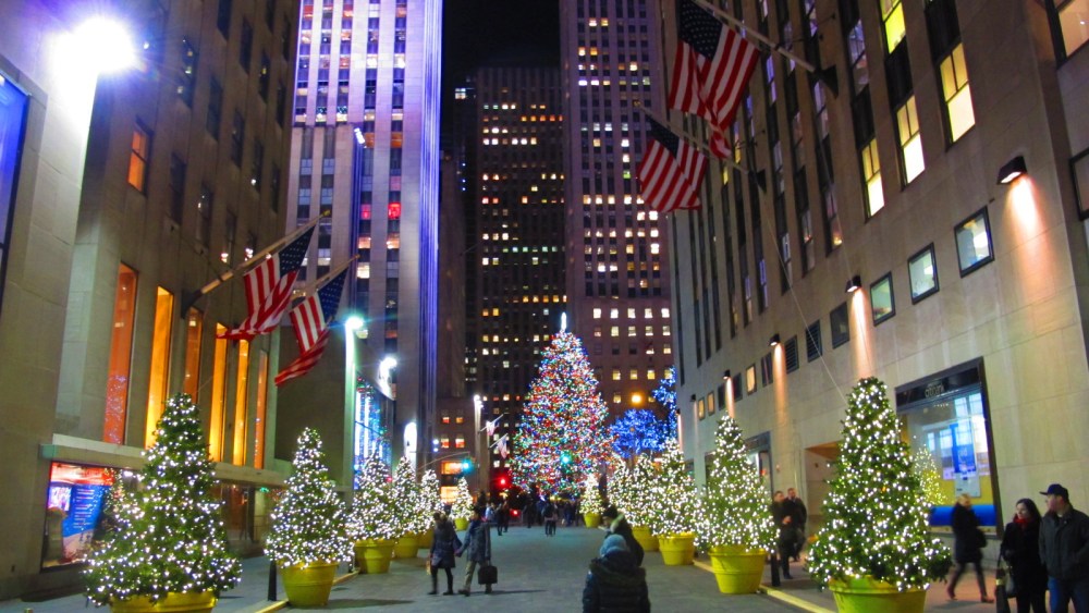 The Rockefeller Center Christmas Tree lights the plaza, New York City, December 11, 2013.