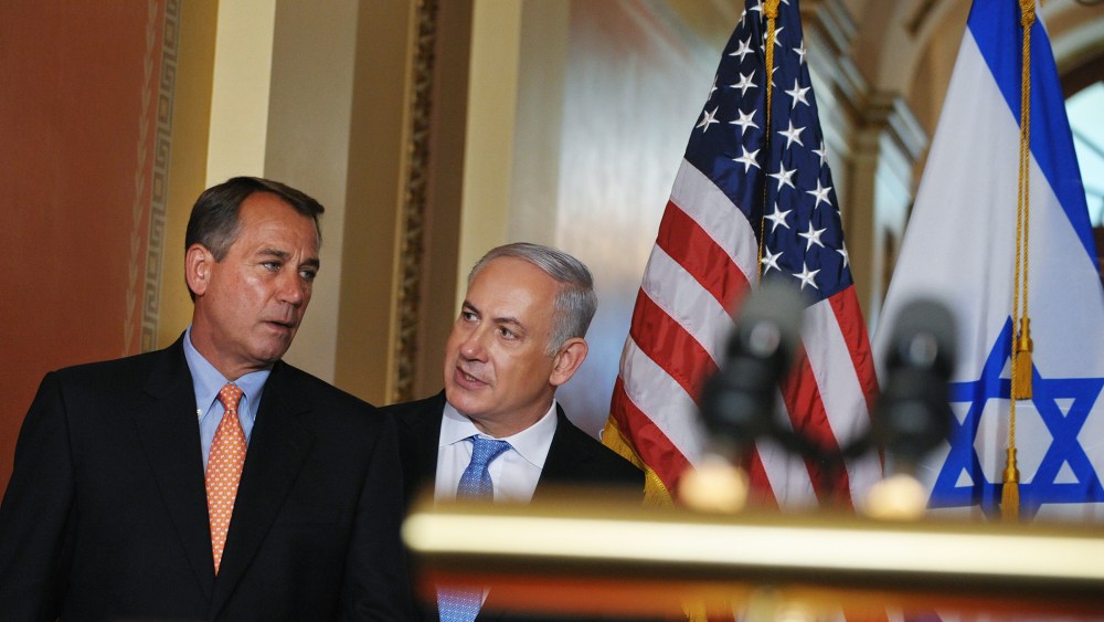 John Boehner, R-OH, and Israeli Prime Minister Benjamin Netanyahu make their way to the lectern to deliver statements, May 24, 2011 at the US Capitol in Washington, D.C. (Photo by Mandel Ngan/AFP/Getty)