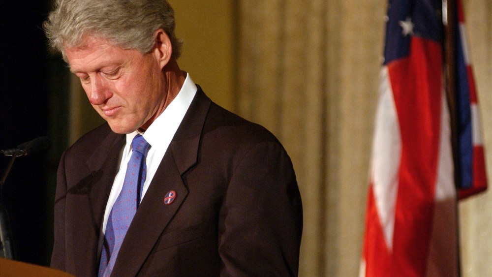 Former U.S. President Bill Clinton pauses while speaking about terrorist attacks on the World Trade Center and the Pentagon September 20, 2001 at a Foreign Policy Association award ceremony in New York, N.Y.
