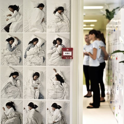 Receptionists  at a capsule hotel for short-term stays, designed by Swedish furniture giant Ikea in the Beaune-Tailly service area on the A6 French motorway. The so-called pop-up Aire de la Sieste - a nap lay-by - hosts 28 free-to-use sleeping capsules...