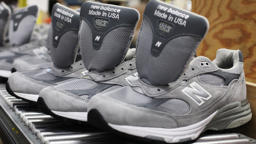 A line of New Balance 993 shoes are seen at the New Balance shoe factory in Norridgewock, Maine, July 19, 2011.