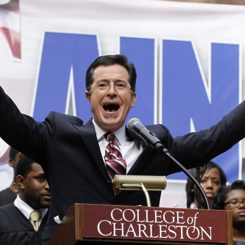 Stephen Colbert rallies the crowd.