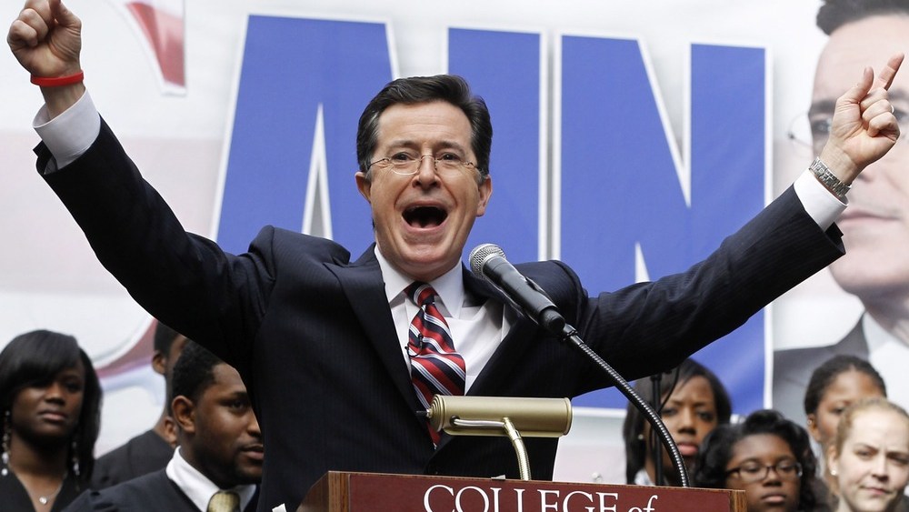 Stephen Colbert rallies the crowd.