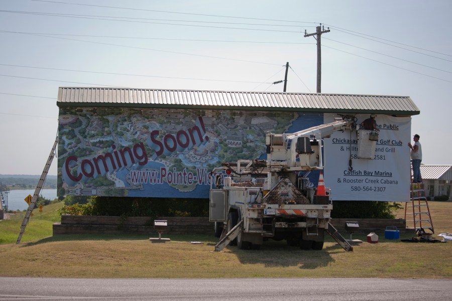 A banner announcing the Pointe Vista development at Lake Texoma State Park in Oklahoma is hung in July 2009.