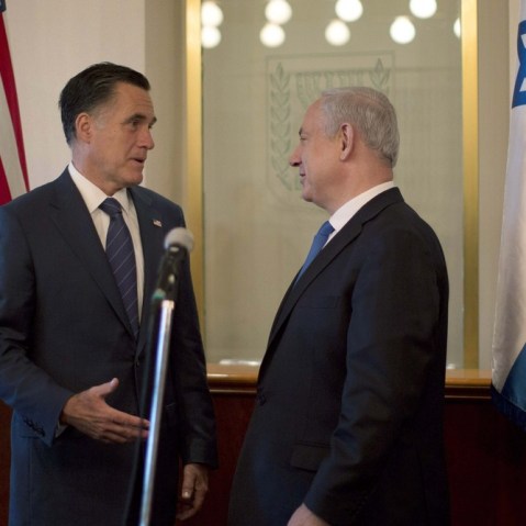 U.S. Republican presidential candidate Mitt Romney meets Israel's Prime Minister Benjamin Netanyahu in Jerusalem, Sunday.