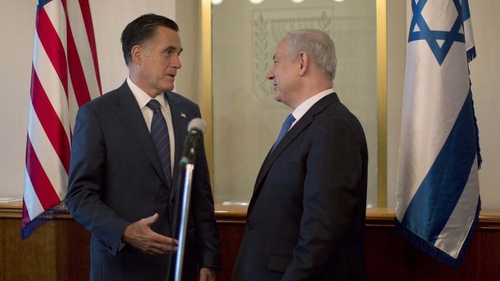 U.S. Republican presidential candidate Mitt Romney meets Israel's Prime Minister Benjamin Netanyahu in Jerusalem, Sunday.