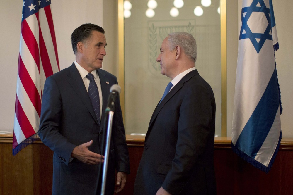 U.S. Republican presidential candidate Mitt Romney meets Israel's Prime Minister Benjamin Netanyahu in Jerusalem, Sunday.