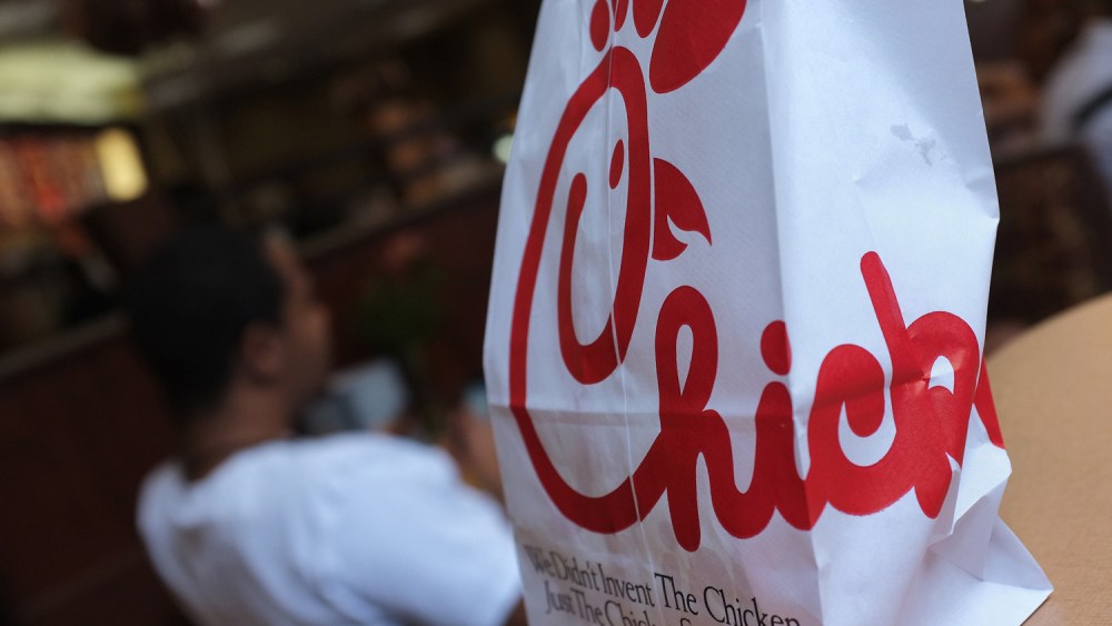 A Chick-fil-A logo is seen on a take out bag at one of its restaurants on July 28, 2012 in Bethesda, Maryland. Chick-fil-A, with more than 1,600 outlets mainly in the southern United States, has become the target of gay rights activists and their...