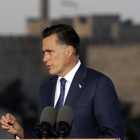 Republican presidential candidate Mitt Romney delivers a specch in Jerusalem July 29.
