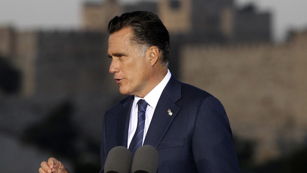 Republican presidential candidate Mitt Romney delivers a specch in Jerusalem July 29.