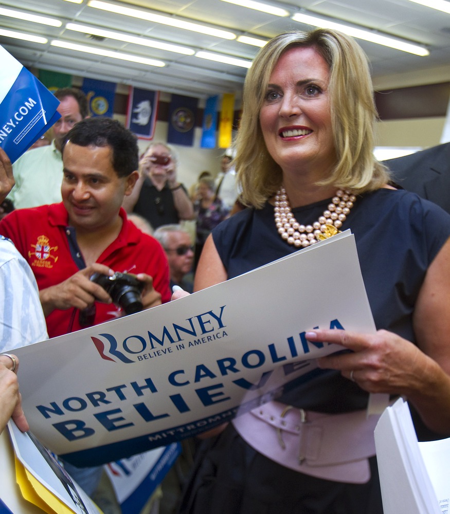 Ann Romney, wife of Republican candidate Mitt Romney, speaks to local Republican party members gathered at Guilford County GOP headquarters office in Greensboro, N.C., Thursday, July 19.
