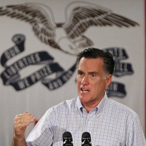 Republican presidential candidate and former Massachusetts Governor Mitt Romney speaks to supporters during a campaign event at Central Campus High School in Des Moines, Iowa August 8, 2012.