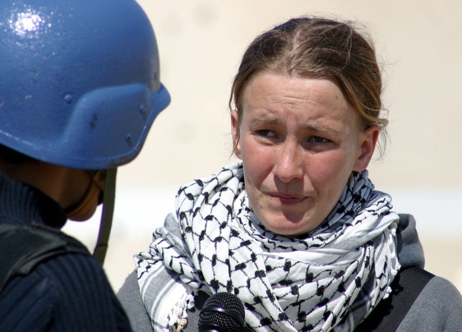 Rachel Corrie speaks during an interview with MBC Saudi Arabia television on March 14, 2003 in the Rafah refugee camp in the Gaza strip.