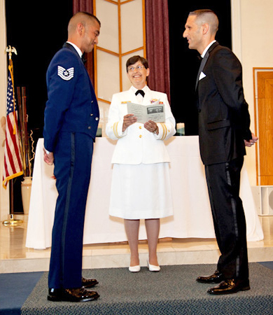 Tech. Sgt. Erwynn Umali, left, and Will Behrens are married at the McGuire-Lakehurst-Dix Joint Base in New Jersey on June 23.