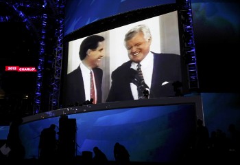 Mitt Romney, left, is pictured with late Sen. Ted Kennedy in a video segment during the first session of the DNC in Charlotte, N.C. (Photo: Jessica Rinaldi/Reuters)