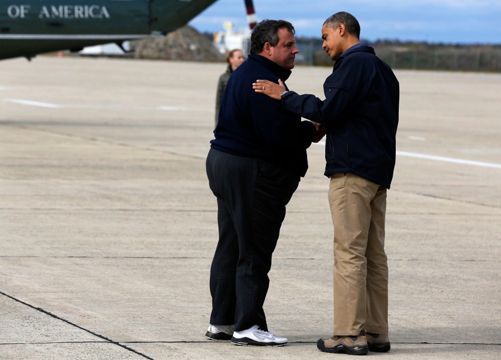 New Jersey Gov.Chris Christie greeting President Obama at the Atlantic City International Airport before surveying Hurricane Sandy damage. (Larry Downing/Reuters)