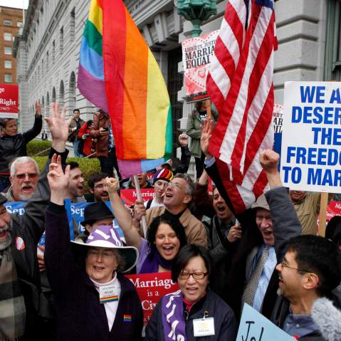 Gay Marriage advocates cheer during a rally moments before hearing the news of the Proposition 8 over-ruling outside the Ninth Circuit Courthouse in San Francisco, California, in this February 7, 2012, file photo (Photo: Reuters/Beck Diefenbach)