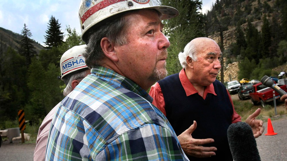 File Photo:  Robert Murray, right, chairman of Murray Energy Corp. of Cleveland, a part owner of the Crandall Canyon mine, speaks with the media about the ongoing efforts to save 6 miners trapped in the collapsed mine Monday, Aug. 7, 2007, in...