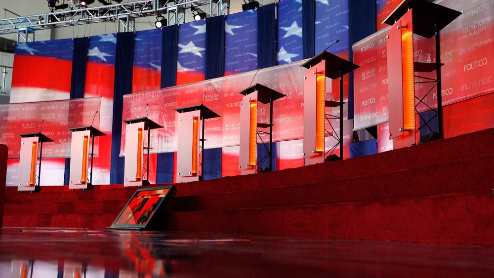 The stage is seen inside Air Force One Pavilion before the start of the Ronald Reagan Centennial GOP Presidential Primary Candidates Debate at the Ronald Reagan Presidential Library on Sept. 7, 2011 in Simi Valley, Calif. (Photo by David McNew/Getty)
