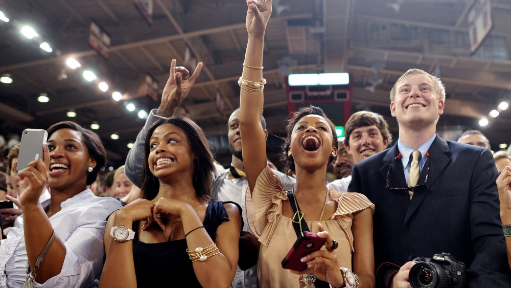 Supporters cheer as US President Barack Obama arrives to speak at North Carolina State University in Raleigh, N.C. in 2011.