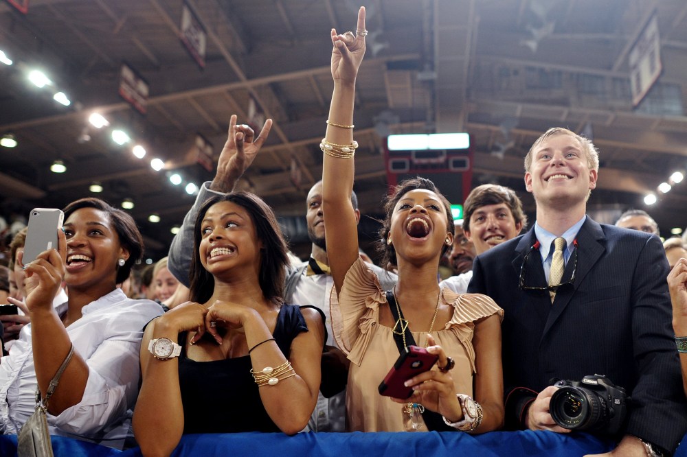 Supporters cheer as US President Barack Obama arrives to speak at North Carolina State University in Raleigh, N.C. in 2011.