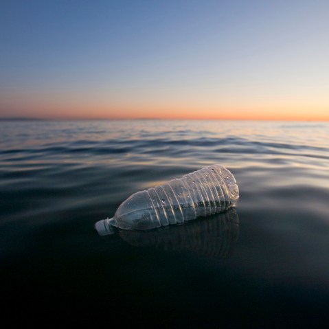 A plastic water bottle floating in the Pacific Ocean.