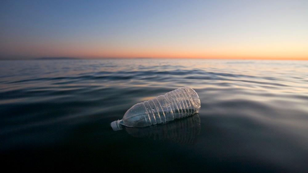 A plastic water bottle floating in the Pacific Ocean.