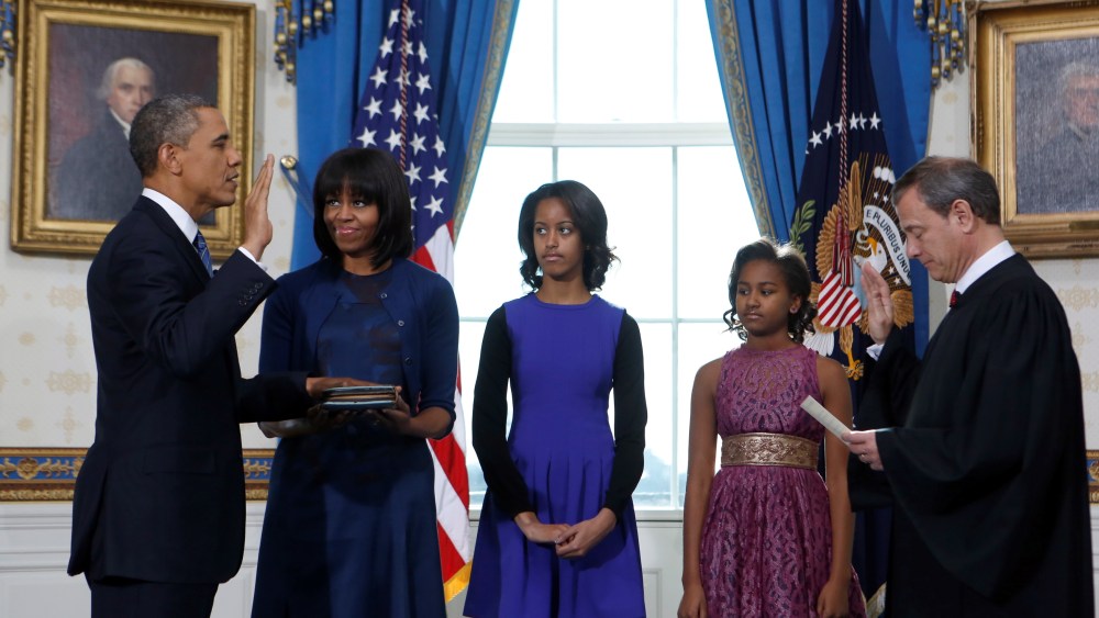 President Barack Obama takes the oath of office at the official swearing-in ceremony in the Blue Room of the White House.(Doug Mills/Pool/Sipa USA/dapd)