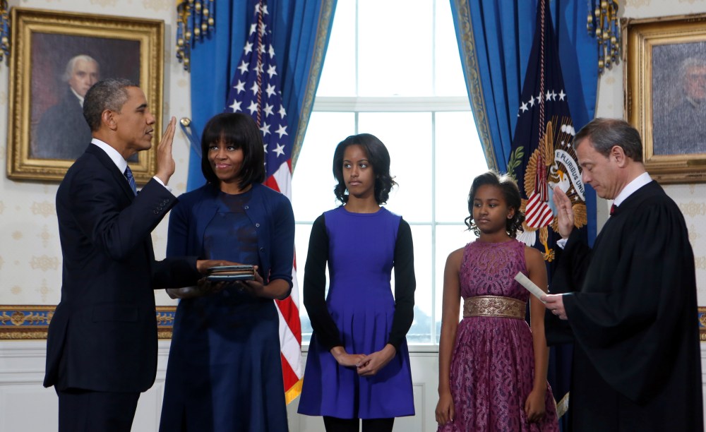 President Barack Obama takes the oath of office at the official swearing-in ceremony in the Blue Room of the White House.(Doug Mills/Pool/Sipa USA/dapd)