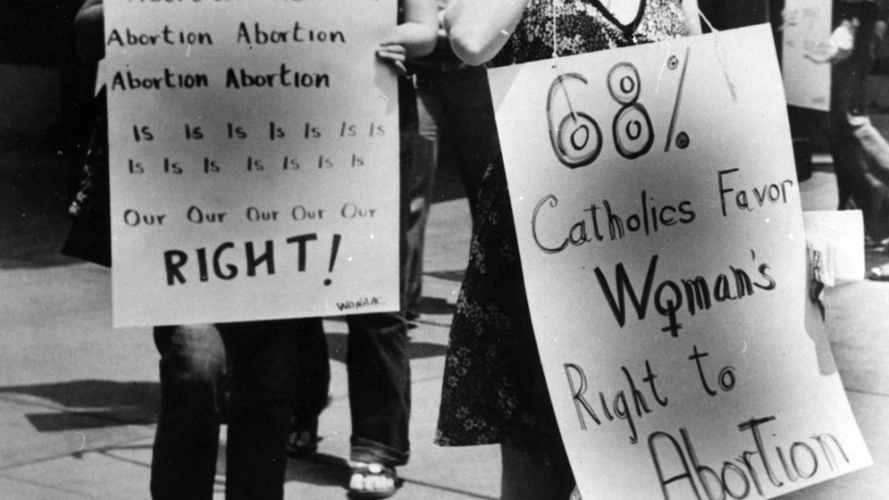 5th July 1973:  Pro-choice campaigners at a demonstration in favour of abortion in front of the American Hotel in mid-town New York, where the American Medical Association is holding its annual convention. The US Supreme Court has ruled that it is a...