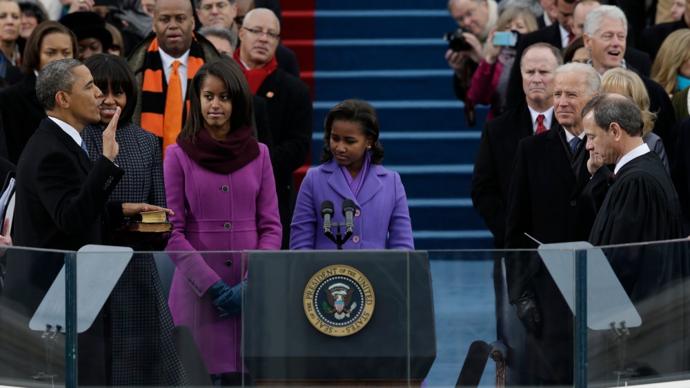President Barack Obama is sworn by Chief Justice John Roberts at the ceremonial swearing-in at the U.S. Capitol during the 57th Presidential Inauguration in Washington, Monday, Jan. 21, 2013. (AP Photo/Pablo Martinez Monsivais)