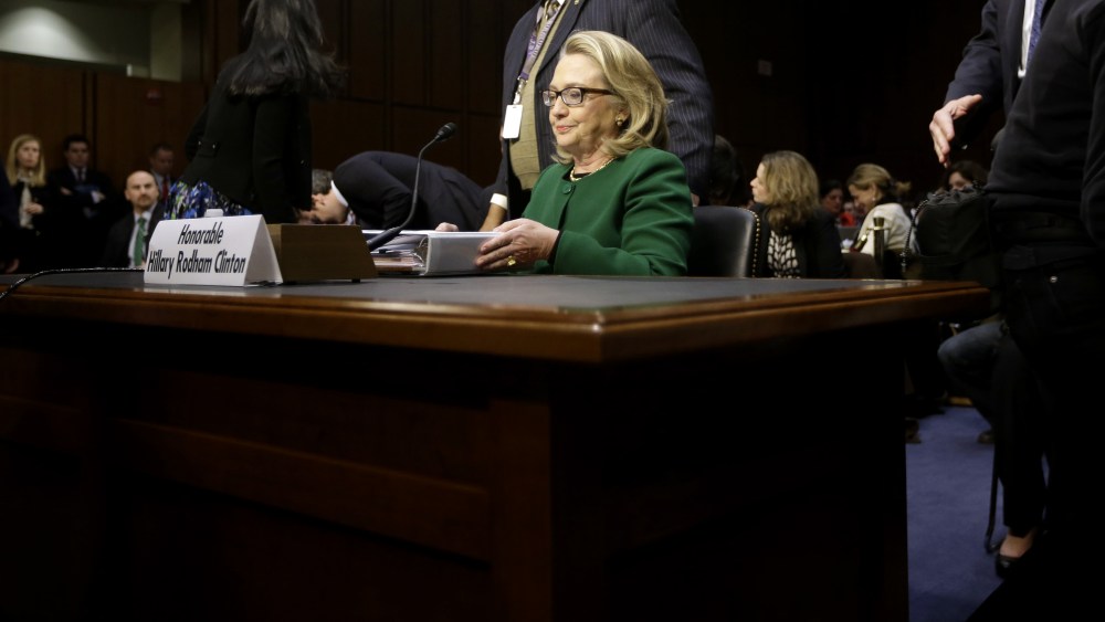 Secretary of State Hillary Rodham Clinton testifying on the Benghazi attacks today. (AP Photo/Pablo Martinez Monsivais)