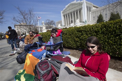People already are lined up at the Supreme Court for a chance to hear Tuesday and Wednesday's oral arguments on two major same-sex marriage cases. (AP Photo/Jacquelyn Martin)