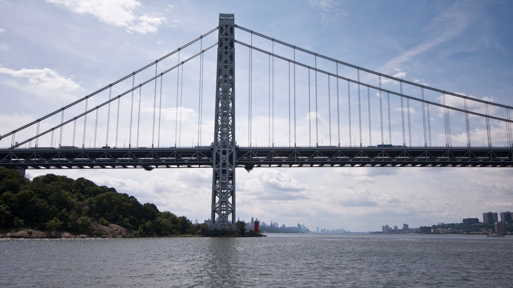 Looking south down the Hudson River at the Manhattan end of the George Washington Bridge, September 5, 2013.
