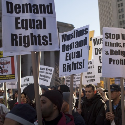 File Photo: Muslim-Americans protest the continued infiltration and monitoring of local Muslims and Muslim community organizations by the New York Police Department and the CIA November 18, 2011 in Foley Square, in the Manhattan borough of New York.  ...