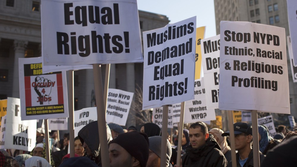 File Photo: Muslim-Americans protest the continued infiltration and monitoring of local Muslims and Muslim community organizations by the New York Police Department and the CIA November 18, 2011 in Foley Square, in the Manhattan borough of New York.  ...
