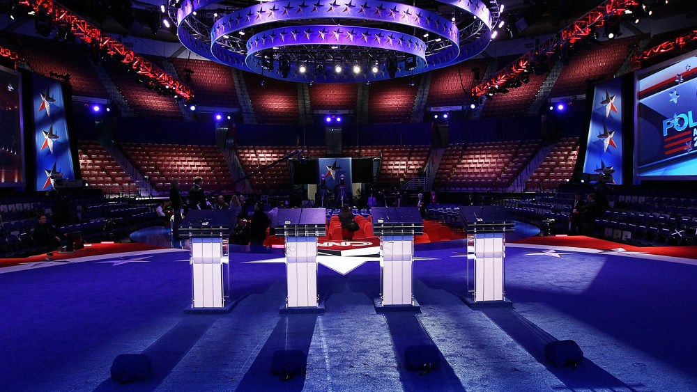Podiums for this evening's debate between the then four remaining Republican presidential candidates stand ready at the North Charleston Coliseum on January 19, 2012 in Charleston, S.C. (Photo by Win McNamee/Getty)
