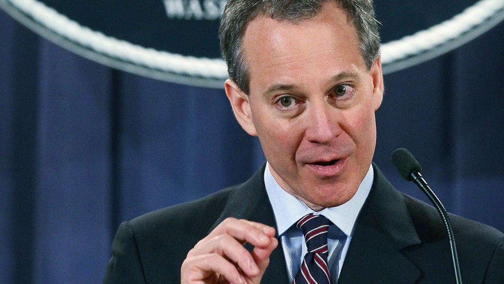 New York Attorney General Eric Schneiderman speaks during a news conference at the Justice Department on January 27, 2012, in Washington, DC. Attorney General Eric Holder announced the formation of the residential mortgage backed securities group that...