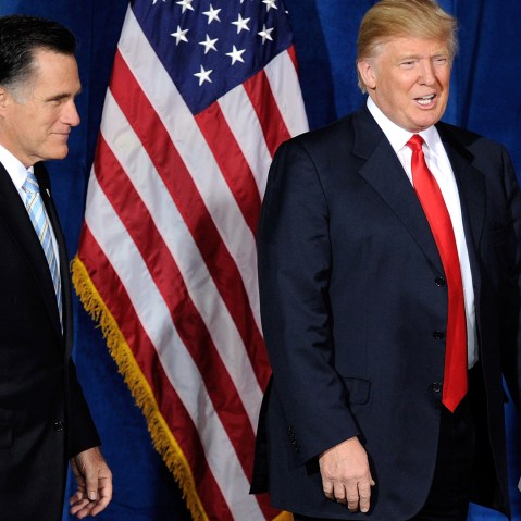 Republican presidential candidate, former Massachusetts Gov. Mitt Romney (L) and Donald Trump arrive at a news conference held by Trump to endorse Romney for president at the Trump International Hotel & Tower Las Vegas on Feb. 2, 2012 in Las Vegas, Nevada