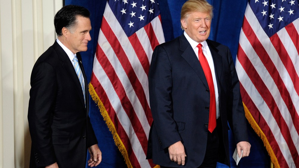 Republican presidential candidate, former Massachusetts Gov. Mitt Romney (L) and Donald Trump arrive at a news conference held by Trump to endorse Romney for president at the Trump International Hotel & Tower Las Vegas on Feb. 2, 2012 in Las Vegas, Nevada