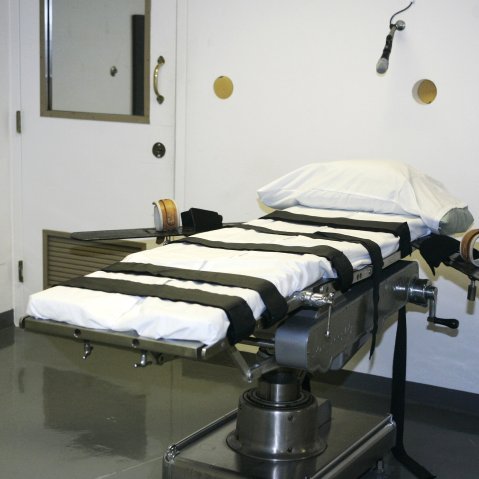 The gurney in the execution chamber at the Oklahoma State Penitentiary is pictured in McAlester, Okla. in this April 15, 2008 file photo.