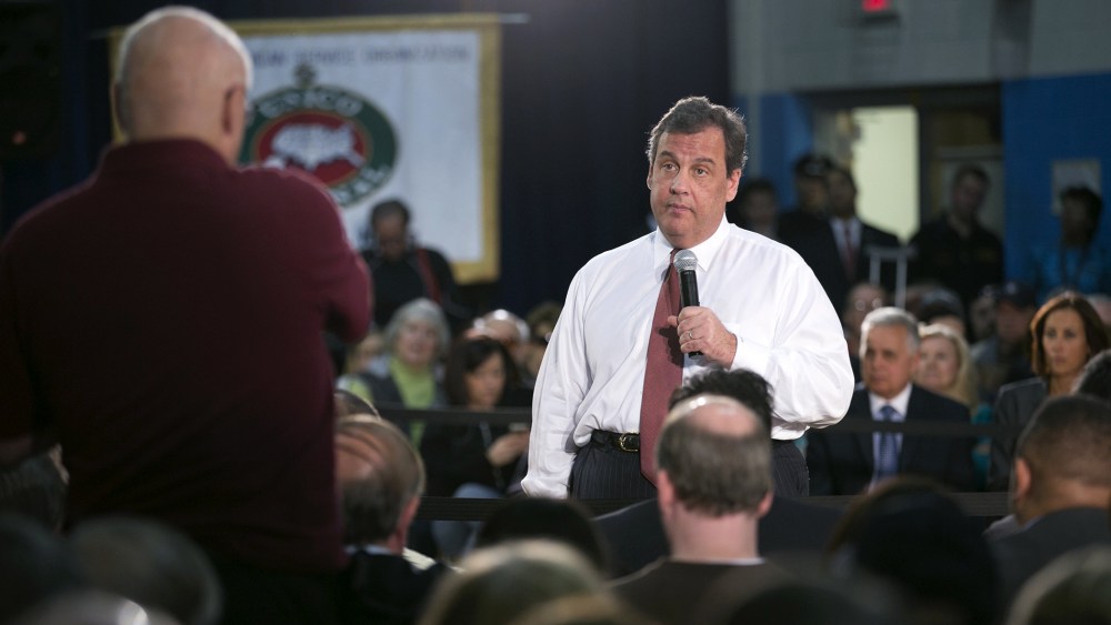 New Jersey Gov. Chris Christie addresses the audience gathered at Winston Churchill Elementary School in Fairfield, NJ for another in his series of town hall meetings, April 9, 2014.