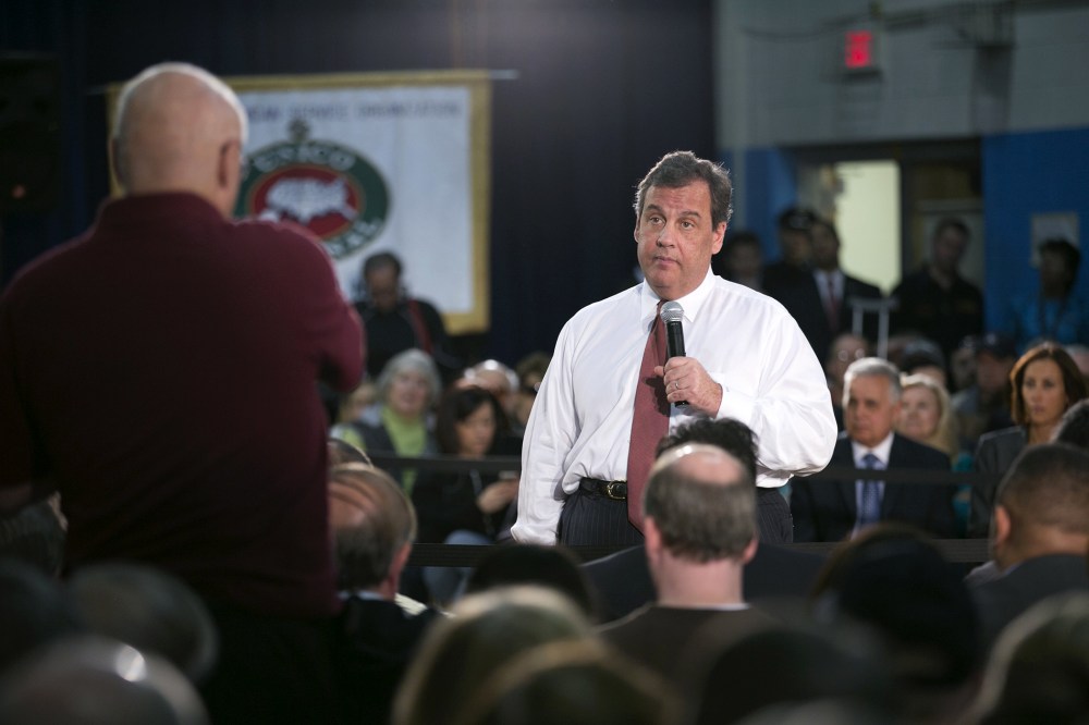 New Jersey Gov. Chris Christie addresses the audience gathered at Winston Churchill Elementary School in Fairfield, NJ for another in his series of town hall meetings, April 9, 2014.