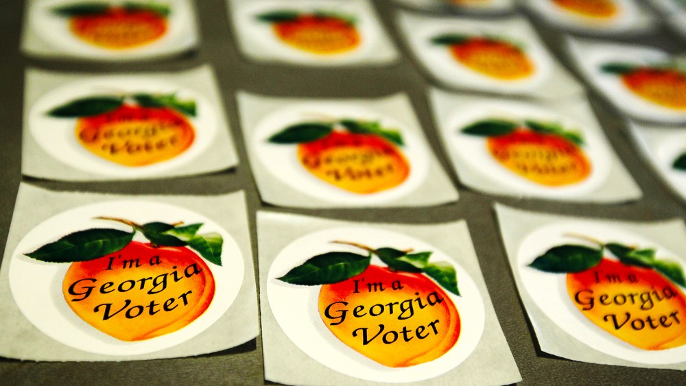"I'm a Georgia Voter" stickers are seen at a polling station in Sandy Springs, Georgia, March 6, 2012.