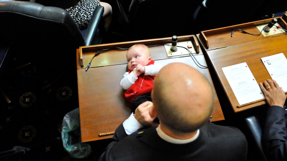 Four month-old Sam Hucker on the desk of his father, Delegate Tom Hucker at the Maryland General Assembly on Jan. 11, 2012 in Annapolis, Md.