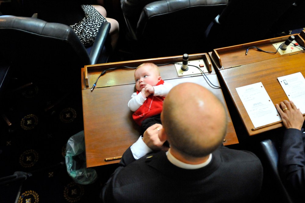 Four month-old Sam Hucker on the desk of his father, Delegate Tom Hucker at the Maryland General Assembly on Jan. 11, 2012 in Annapolis, Md.