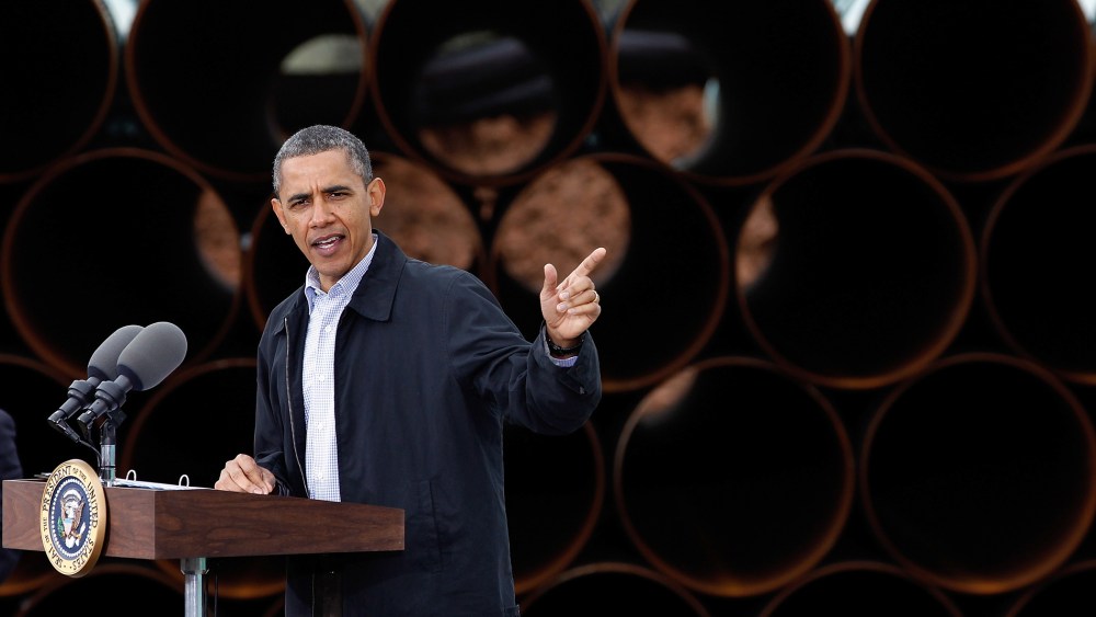 U.S. President Barack Obama speaks at the southern site of the Keystone XL pipeline on March 22, 2012 in Cushing, Okla. (Photo by Tom Pennington/Getty)