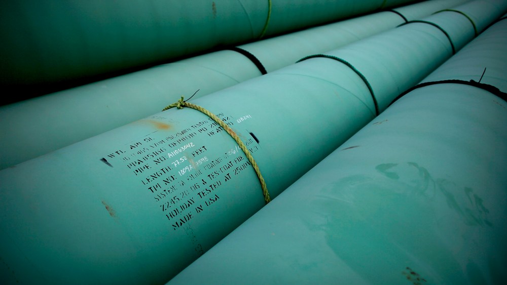 Pipe is stacked at the southern site of the Keystone XL pipeline in Cushing, Oklahoma., March 22, 2012.