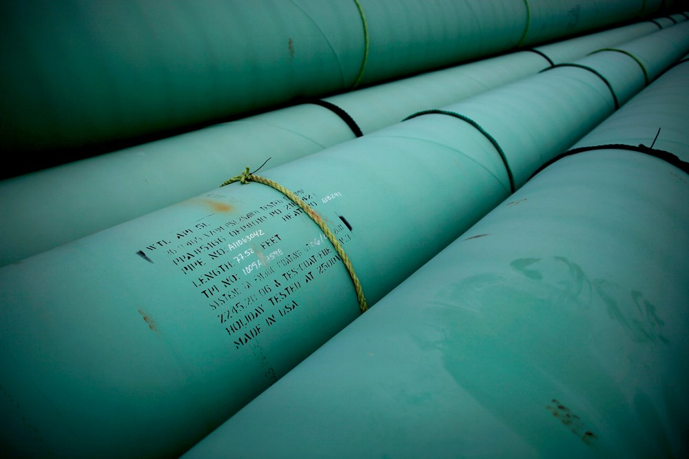 Pipe is stacked at the southern site of the Keystone XL pipeline in Cushing, Oklahoma., March 22, 2012.