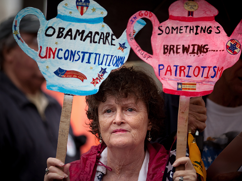 Carlene Cahill of Petersburg, Va., holds up a set of signs she made during a Tea Party Patriots' "Road To Repeal Rally" on a rainy day March 24, 2012,  in Washington, DC.  (Photo by Allison Shelley/Getty Images)